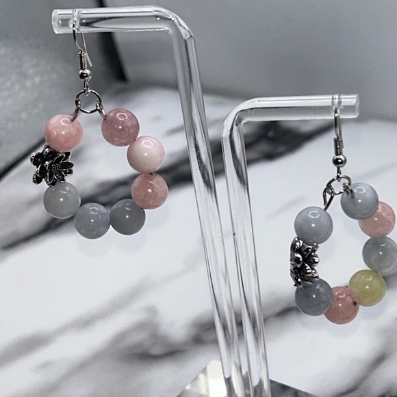 Rose Quartz & Grey Jade Gemstone Hoop Earrings with Flower Accent - Picture 3 of 3